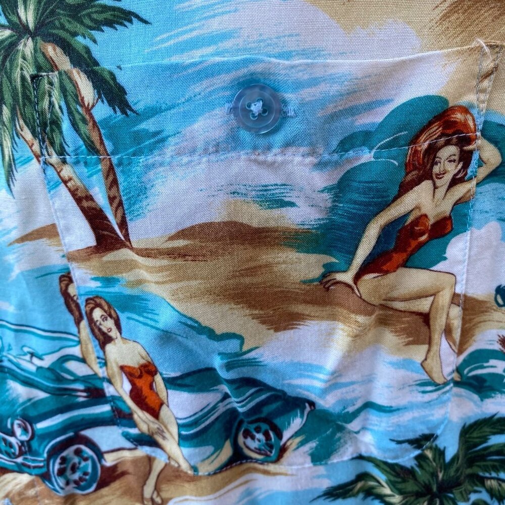 Marc Edwards Men’s Hawaiian Camp Shirt size XL Cars Convertible Pin Up Girl - Picture 7 of 14